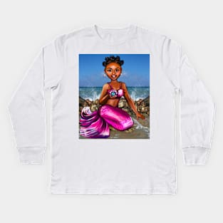 Mermaid Anime mermaid holding a rare black pearl #2 Afro hair in Bantu knots  and caramel brown skin - light background Kids Long Sleeve T-Shirt